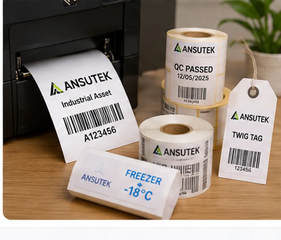Ansutek custom label examples including asset, courier, freezer and twig labels