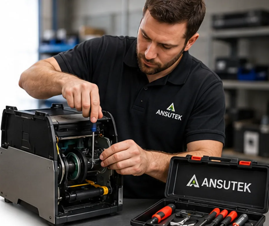 Ansutek label printer technician servicing an industrial label printer with tools